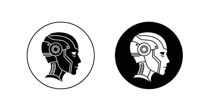 Two futuristic robotic head profile silhouettes icons.