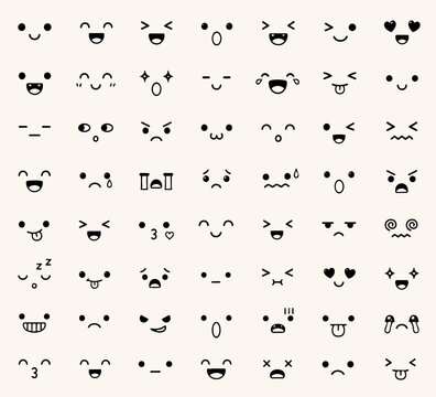 様々な表情をしたかわいいカオモジ・絵文字風の顔のアイコンコレクション Collection of cute kawaii emoticon face icons with various expressions