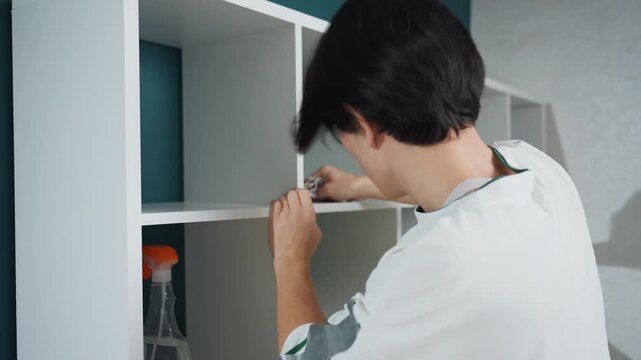 Asian man arranges items and sprays shelf for cleaning and styling, careful placement near potted plant, white cabinet interior, steady reach and focused motion, tidy home maintenance