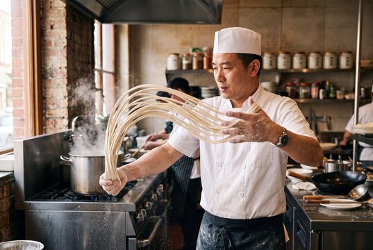 Chef pulling hand-stretched la mian noodles in flour dust for authentic cuisine marketing