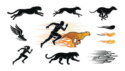 Fototapeta premium Fast Running Athlete Silhouette Racing Against Wild Cheetah and Greyhound Dog Vector Graphic Set for Sports Performance and Speed Concept Designs