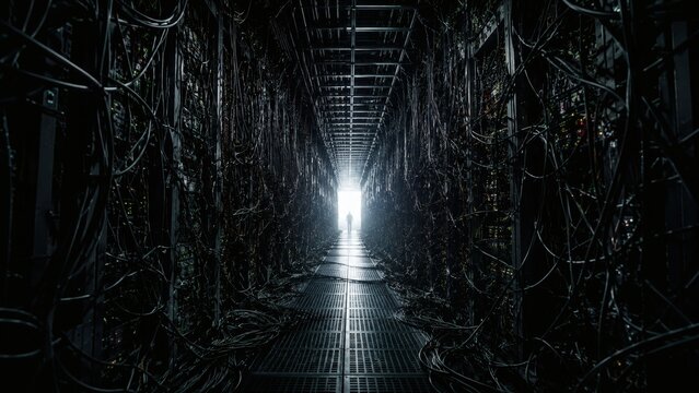 Chaotic Data Center Aisle Overwhelmed with Tangled Network Cables	
