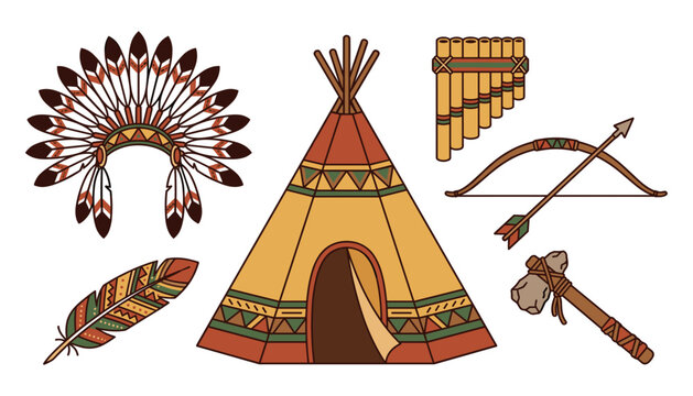 Native American Culture Vector Set Featuring Traditional Tepee Tent, Feather Headdress, Pan Flute Instrument, and Bow with Arrow for Heritage History Graphic Designs