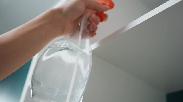 Person carefully wipes shelf surface. Individual sprays and wipes shelf edge for cleanliness. Process involves meticulously spraying and wiping to ensure shelf surface is spotless and sanitized