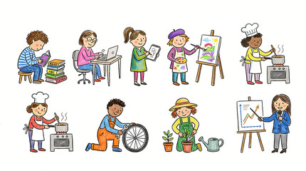 Children engaged in various hobbies and activities, illustrating diverse interests and learning.