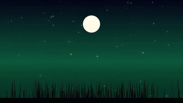 2D animation of a grassy landscape and flying fireflies, set against a full moon and a greenish night sky