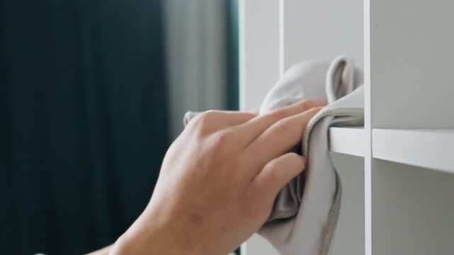 Hands carefully polish and clean shelves. Slowmotion hand movements shine and clean shelf surfaces thoroughly. Meticulous hand polishing with soft cloth ensures shelves are spotless and gleaming