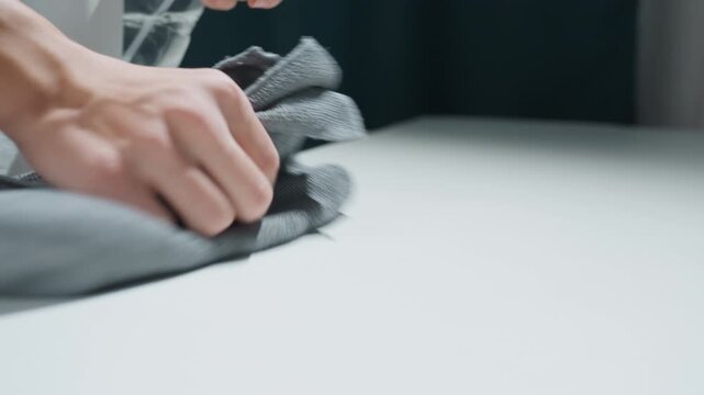 Sprayer in hand misting white table, cleaning demo shows microfiber cloth wiping in smooth strokes, domestic service vibe with efficient motion, bright interior contrasts gray cloth, streakfree result