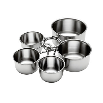 A set of four stainless steel measuring cups connected together on a transparent background