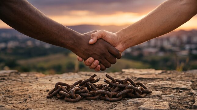 Handshake of diverse hands over broken chains at sunset