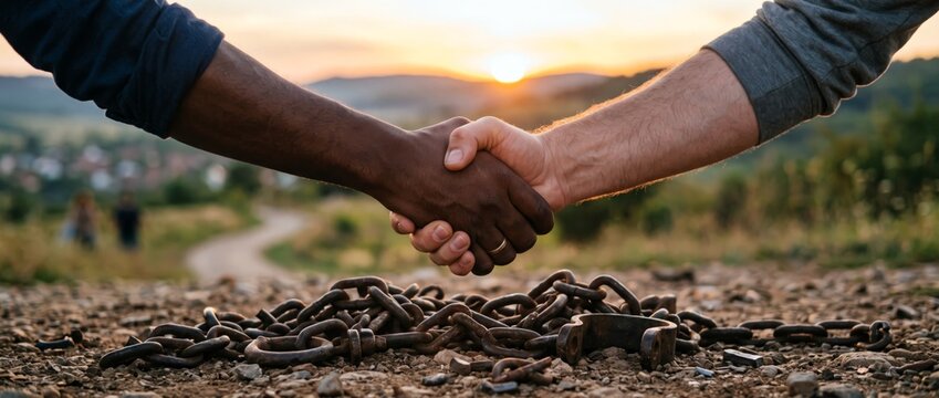 Diverse handshake over broken chains symbolizing freedom and unity