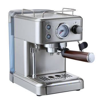 Stainless steel espresso coffee machine with a wooden handle portafilter on white background