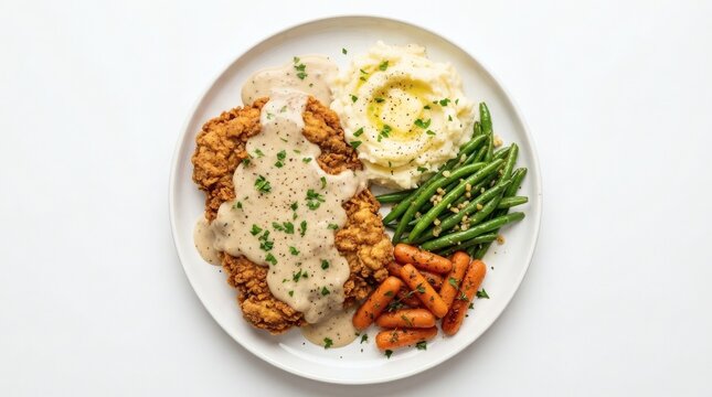 Top Down Flat Lay Crispy Chicken Fried Steak Golden Breaded Country Gravy Mashed Potatoes Beans

