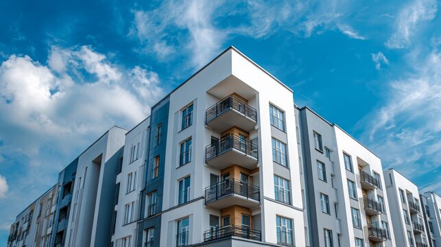 Modern residential building with balconies against a blue sky and fluffy clouds in a contemporary urban setting