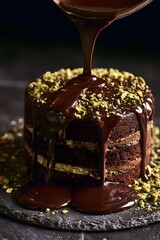 Fototapeta premium Mid-action pour of dark chocolate ganache over rustic cake