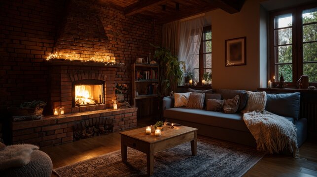 Cozy living room with warm fireplace ambiance and soft furnishings in evening light