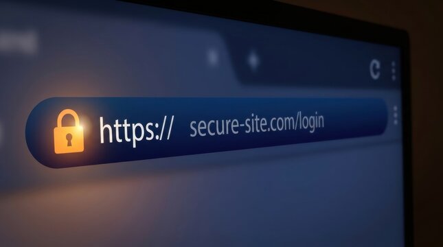 Secure Website HTTPS Login URL Close Up Browser Computer Screen Cyber Security Concept With Light