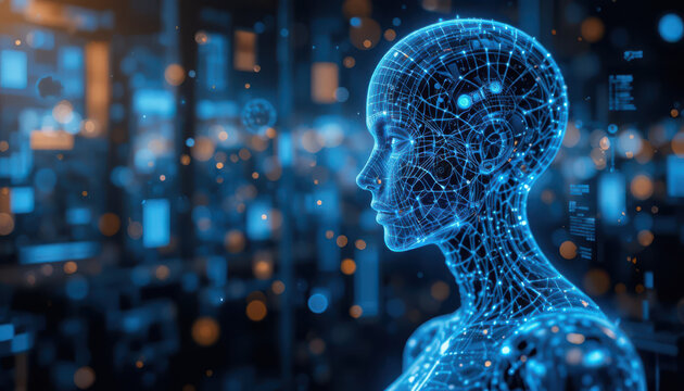 Futuristic humanoid robot head profile with digital network