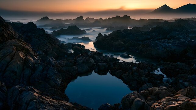 Jagged volcanic coast at dawn with tide pool