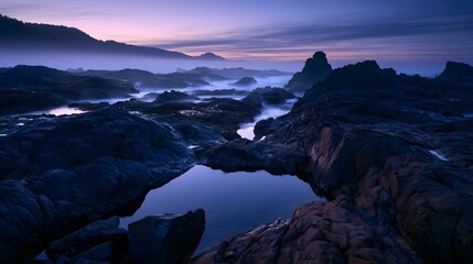 Fototapeta premium Jagged volcanic coast at dawn with tide pool