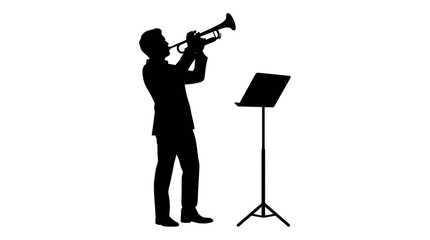 Trumpet player silhouette practicing with a music stand. © ombg