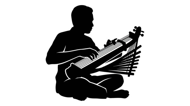 Silhouette of musician playing traditional Sasando string instrument