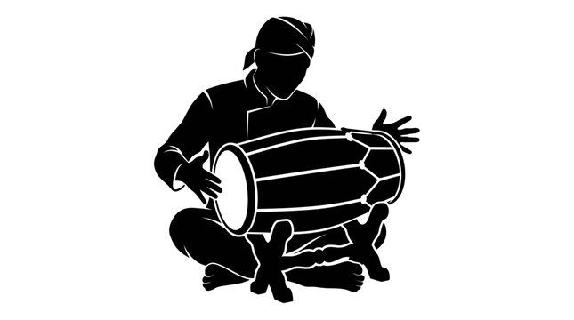 Silhouette of seated musician playing traditional kendang drum