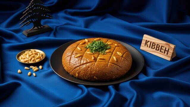 Gourmet golden kibbeh bil saneeyeh baked kibbeh with beef and pine nuts, elegant traditional presentation with deep brown copy space