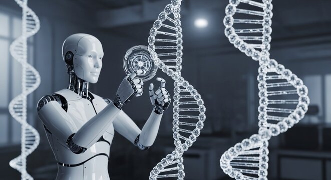 Advanced robot meticulously examining a glowing DNA helix structure, representing the future of genetic science and technological research.