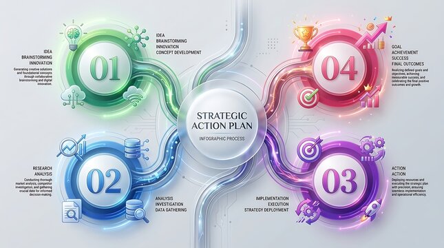 Strategic action plan infographic with four steps