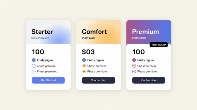 Modern Pricing Table Comparison With Three Service Plan Cards On Soft Background In Minimalist Web Design Layout