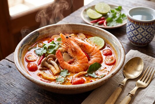 Thai tom yum goong spicy shrimp soup with herbs for Asian restaurant menu