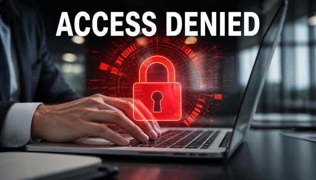 Digital padlock icon glowing red above laptop keyboard showing access denied text for cyber security concepts