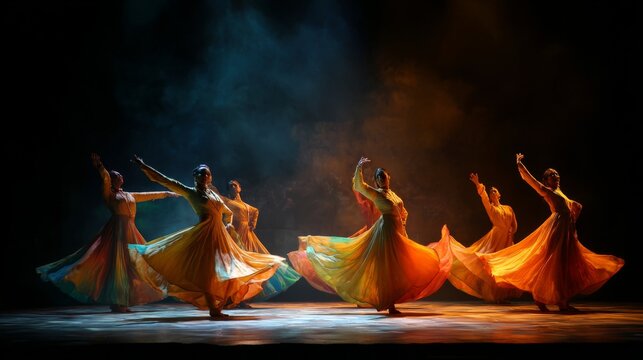 Graceful dancers twirling in colorful flowing garments on stage with dramatic lighting and vibrant atmosphere
