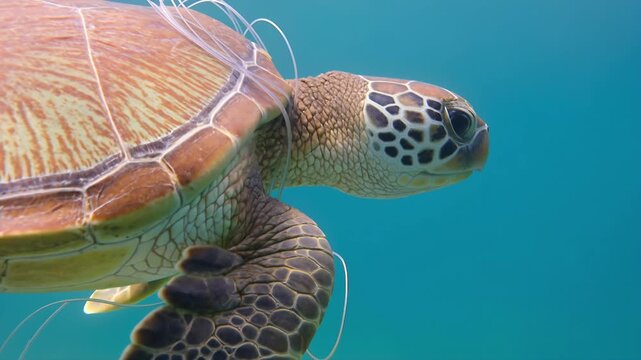 Sea turtle swimming with discarded fishing line caught on its shell. 4K Video