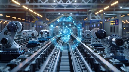 Obraz premium Futuristic smart manufacturing automation and industrial connectivity with networked gears