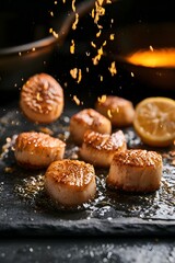 Fototapeta premium Seared Scallops Mid-Preparation with Lemon Zest