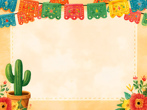 Colorful mexican papel picado bunting and cactus frame for cinco de mayo celebration