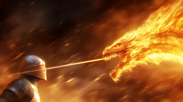 Knight in sapphire armor faces fire breathing dragon in fierce battle