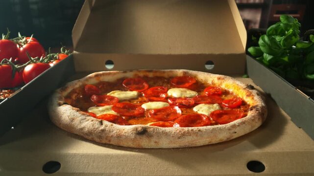 Revealing Fresh Salami Pizza in Slow Motion, Close Up to Wide Motion Control Shot.