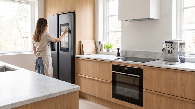 Woman Using Smart Refrigerator Touchscreen in Modern Kitchen