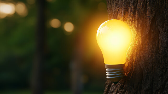 Glowing light bulb attached to tree symbolizes growth of ideas and creativity