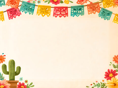 Colorful mexican papel picado bunting flags and cactus frame for party invitation or greeting card