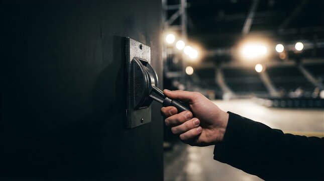 Hand pulling a large industrial lever to activate stage lighting