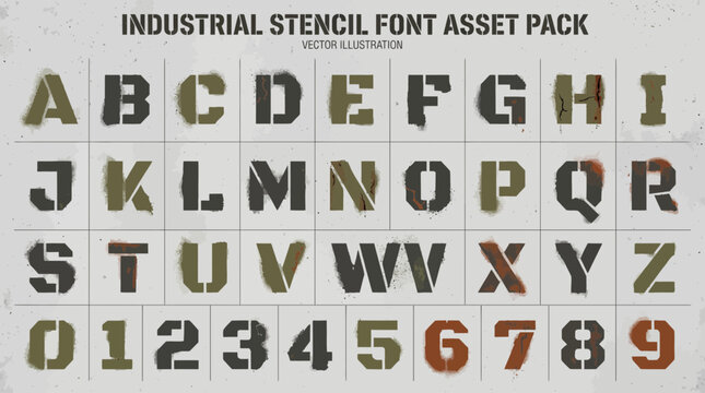 A grid of stencilstyle letters and numbers with a gritty distressed industrial spraypaint texture