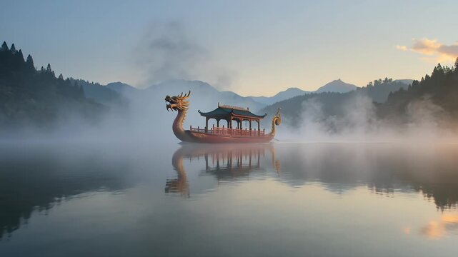 Ornate dragon boat floating on a misty mountain lake at sunrise. 4K Video