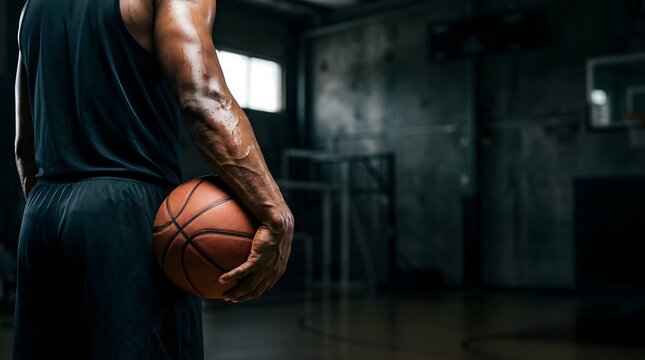Muscular basketball player holding a ball in a dimly lit indoor court