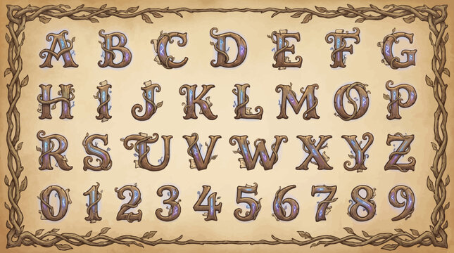 An ornate alphabet and digits 09 in a rustic carvedwood style with glowing blue runic accents