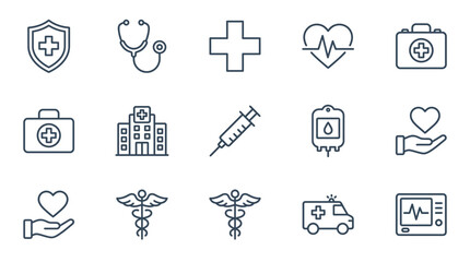 Fototapeta premium Set of medical icons stethoscope syringe ambulance first aid kit hospital caduceus heart monitor blood bag shield and cross on transparent background
