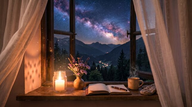 Cozy window view with a candle and book overlooking a starry mountain landscape at night.